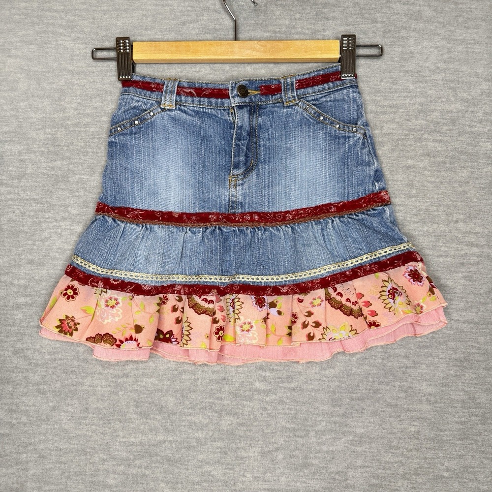 Y2k Mary Kate And Ashley Denim Skirt Girls 6 Pink Ruffled Hem‎ Studs Embellished